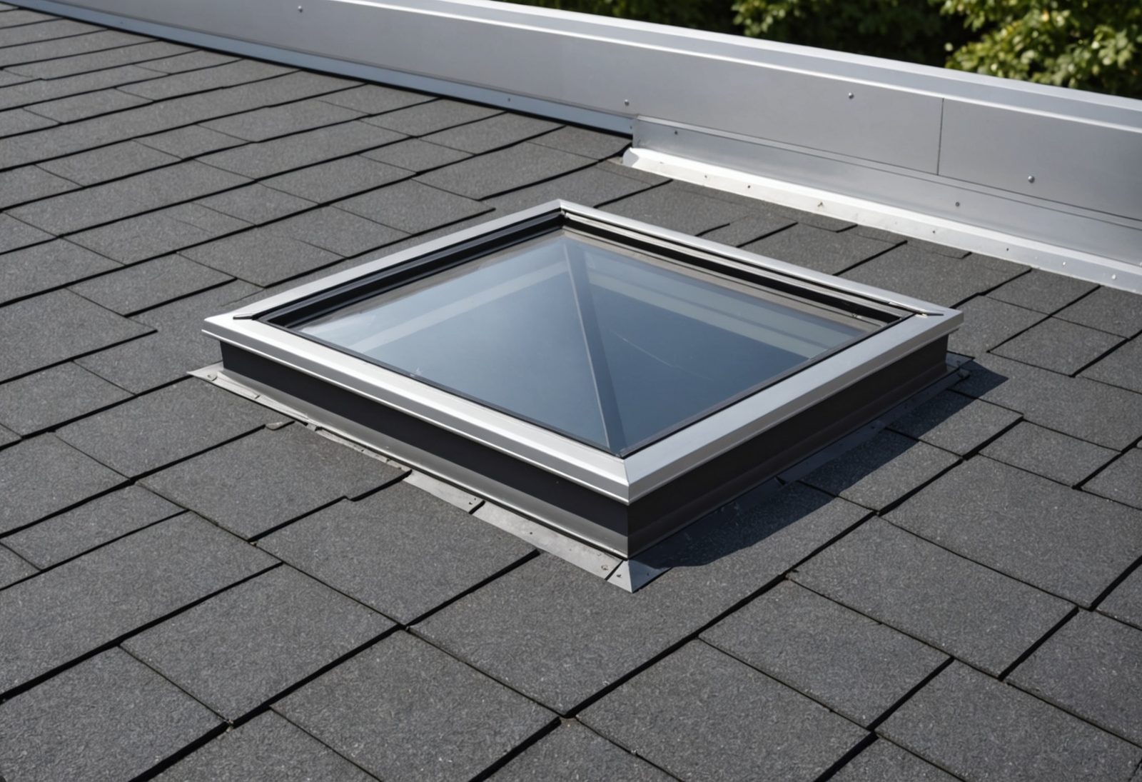 Close-up detail of a skylight frame corner joint and its flashing
