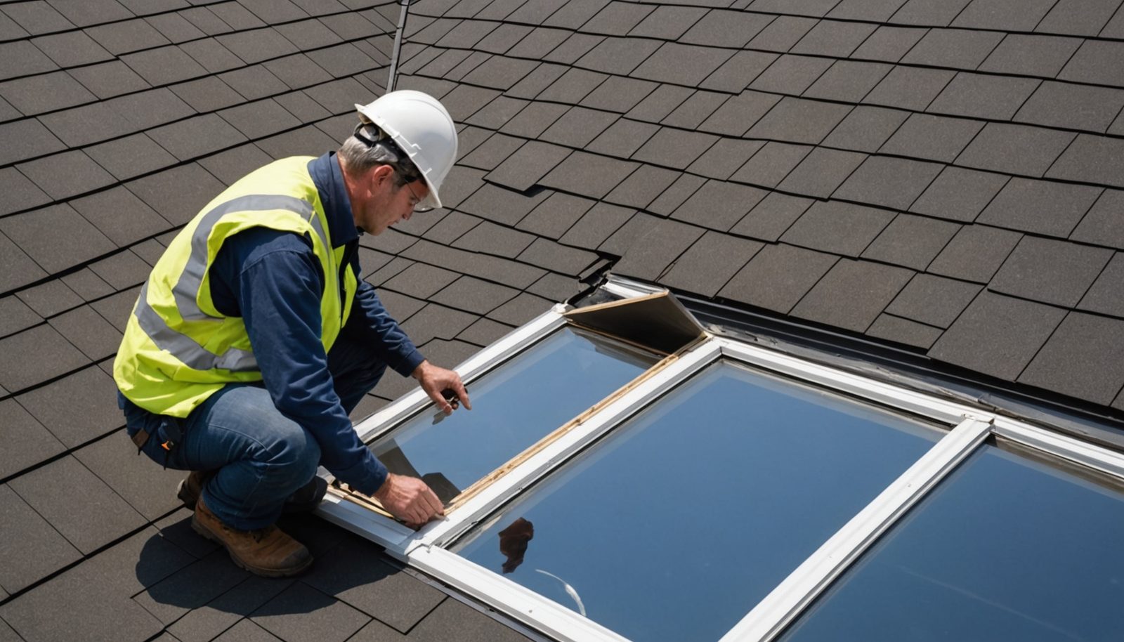 A professional contractor inspecting skylight damage on a residential roof