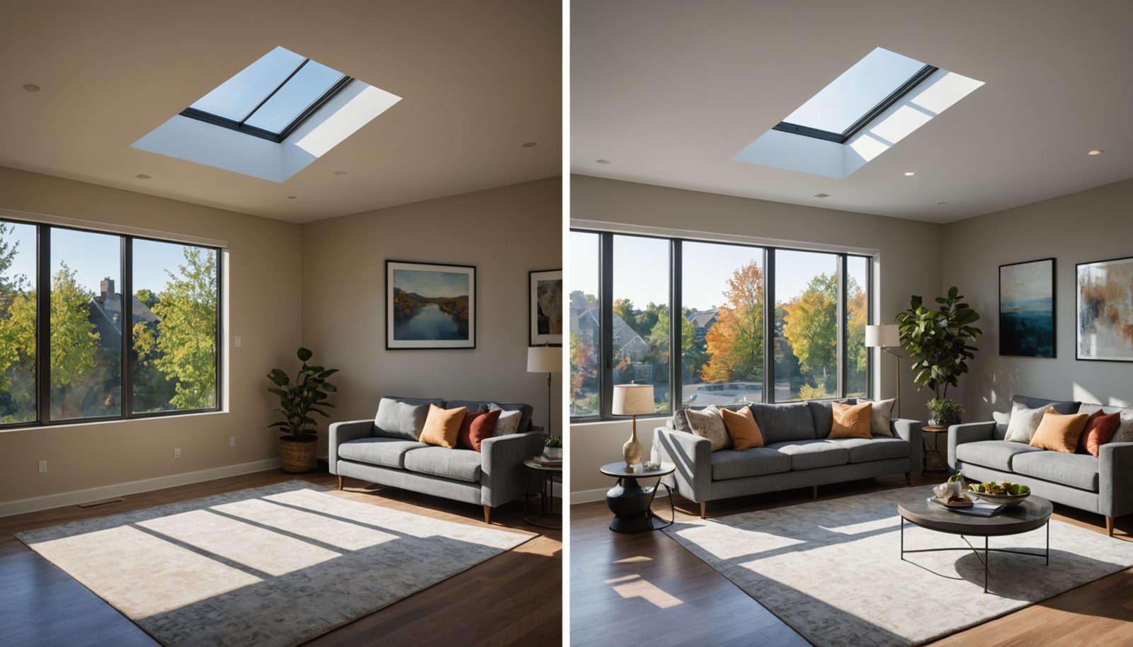 Interior room transformed by bright natural light streaming through a skylight installation