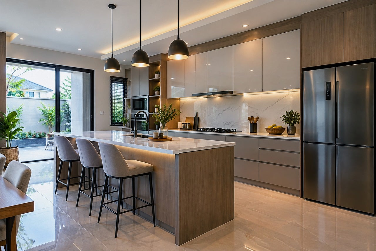 Modern kitchen with oversized skylight illuminating the counters